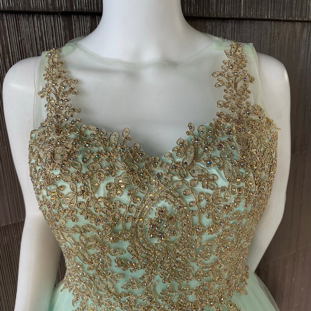 🔥Let’s Aqua Mesh Illusion Neck Gold Lace Appliqué Tulle Party Babydoll Dress - Picture 7 of 16